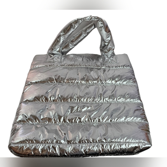 Justice Girls' Metallic Silver Puffy Puffer Tote Bag Purse Travel School Bag New - Picture 4 of 7